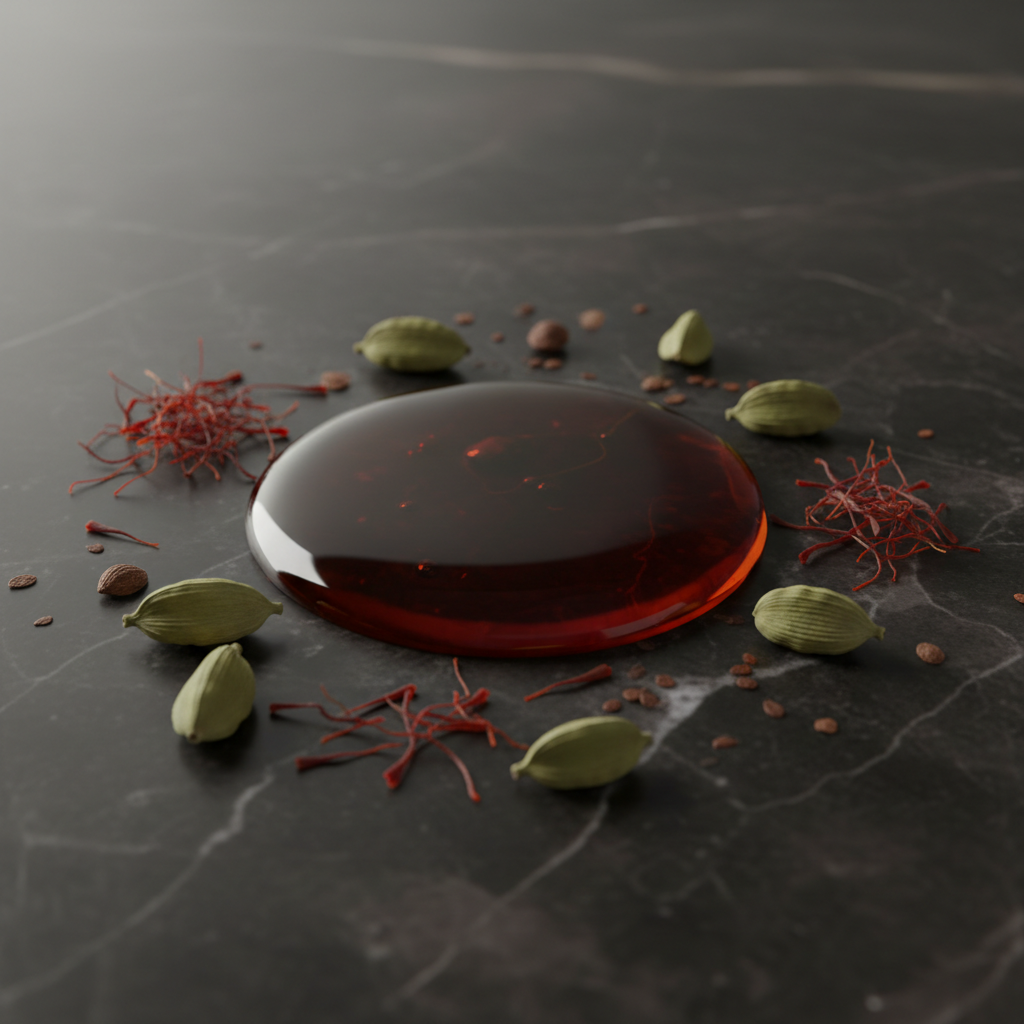 Amber resin, saffron and cardamom spices