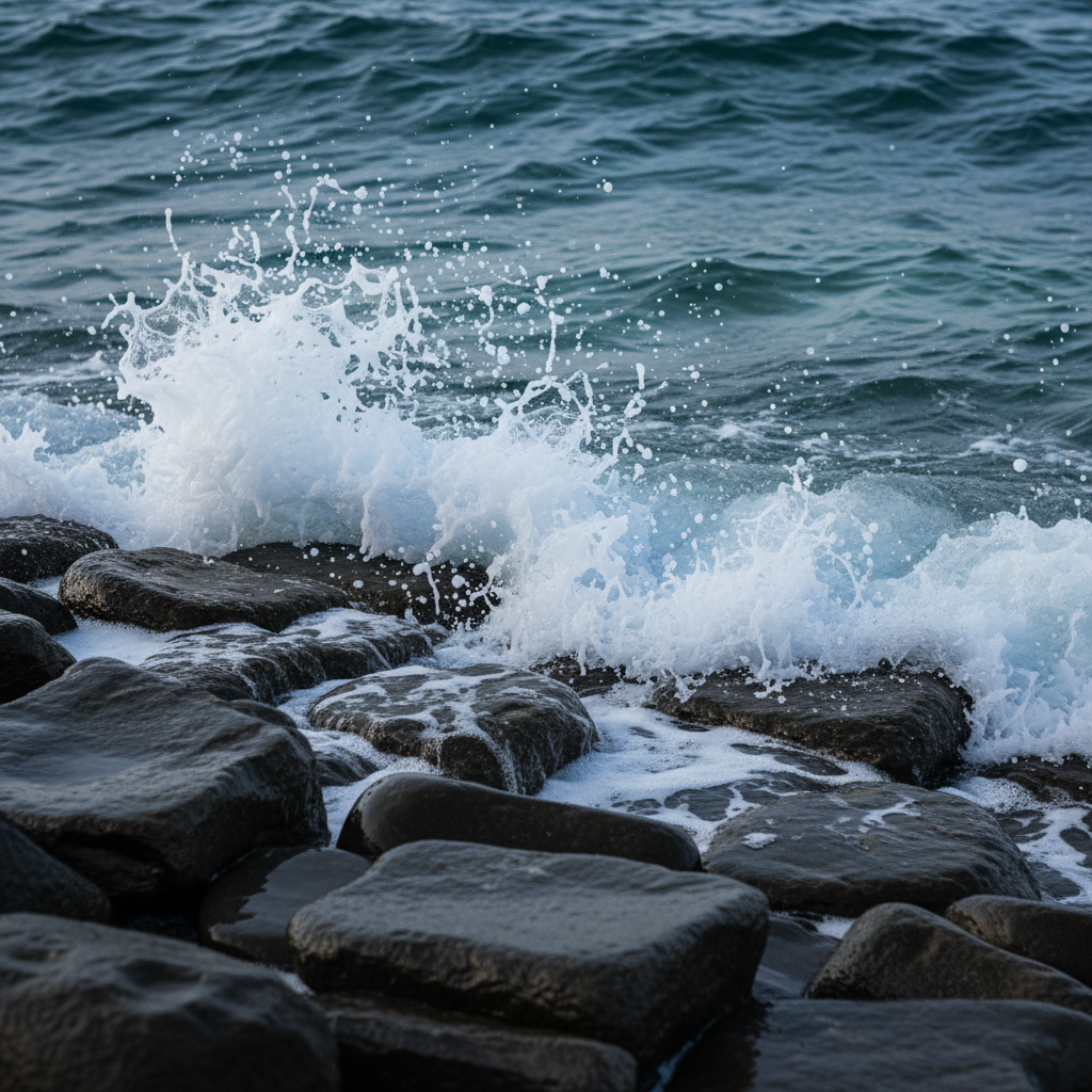 Ocean waves over dark stones